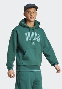 Sweat à capuche vert avec un grand imprimé "ADIDAS" en bleu clair. Dispose d'une poche avant et d'une taille assortie en vert, fabriqué dans un tissu doux.