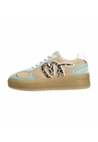 Sneakers featuring a light blue and beige upper with a textured leopard print logo, white heel accent, and a transparent rubber sole.