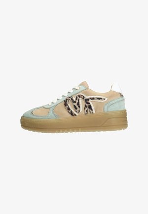 Sneakers featuring a light blue and beige upper with a textured leopard print logo, white heel accent, and a transparent rubber sole.