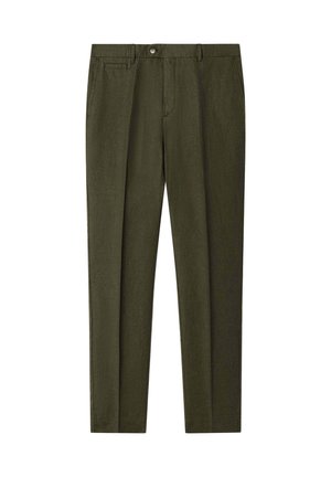 Tmavozelené slim-fit nohavice s predným zapínaním na gombík a zips, pútkami na opasok a bočnými a mincovými vreckami.