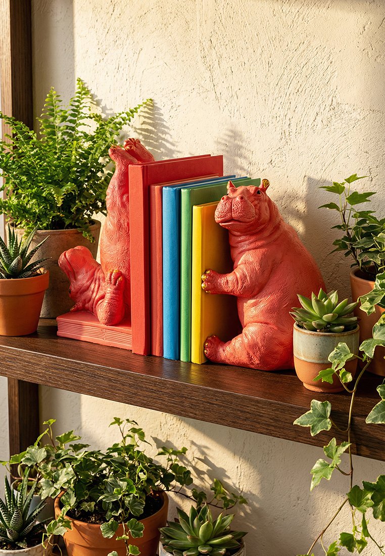 Zwei rote Flusspferd-Buchstützen halten bunte Bücher auf einem Holzregal, umgeben von verschiedenen Topfpflanzen.