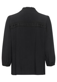 Black blouse featuring a frilled collar, long puff sleeves, and a decorative black lace pattern across the back yoke. Smooth texture.