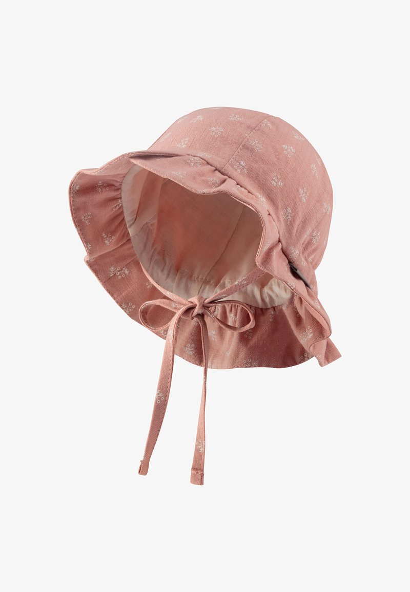 Cappello a secchiello in cotone rosa con una larga visiera, stampa floreale e lacci regolabili. Tessuto morbido, orlo leggermente sfilacciato per un look informale.