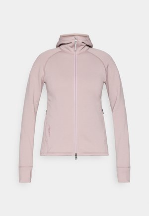 Lys rosa hettejakke med glidelås og lange ermer, med sidelommer og sydd dekor langs sømmene. Glatt tekstur.