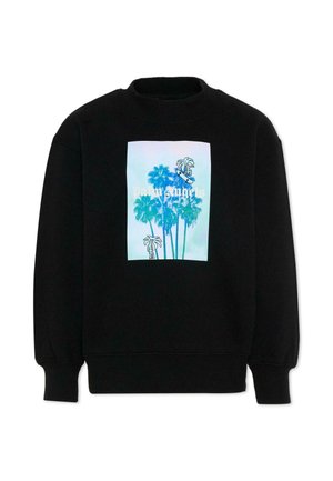 Czarna bluza z nadrukiem niebiesko-zielonej palmy i białym stylizowanym napisem na przodzie, długie rękawy oraz ściągacze na mankietach i u dołu.