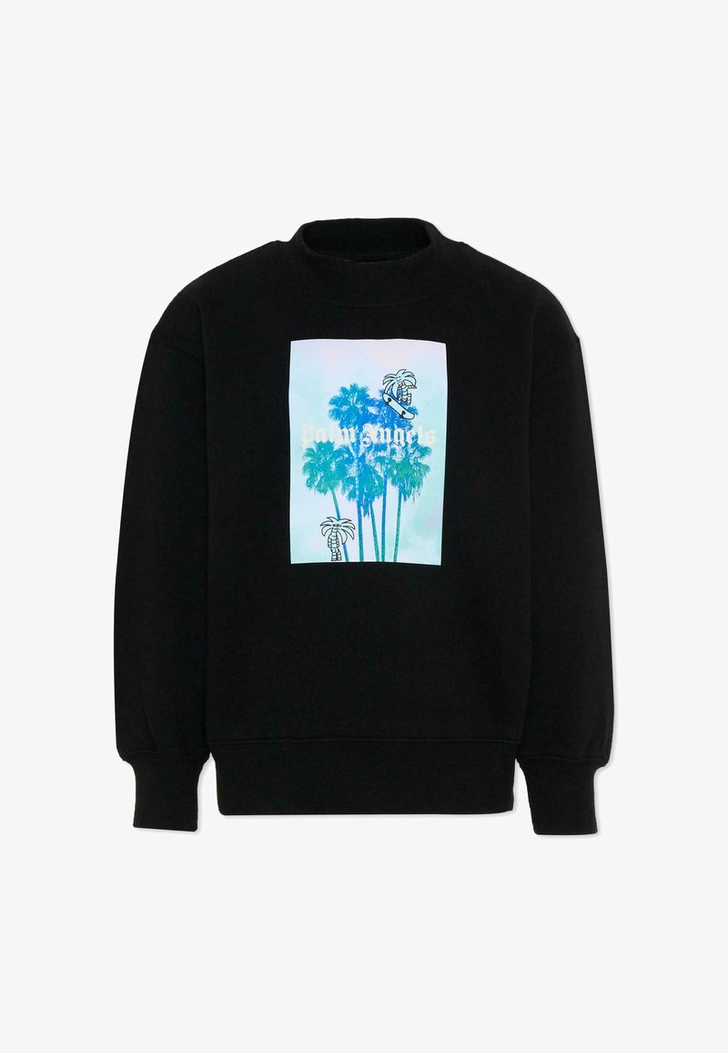 Sweat-shirt noir avec un motif de palmier bleu et vert et un texte stylisé blanc sur le devant, manches longues, poignets et ourlet côtelés.