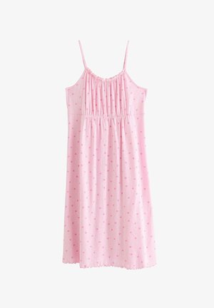 Pink ærmeløs kjole med tynde stropper og rynket halsudskæring, mønstret med små mørkere pink hjerter.