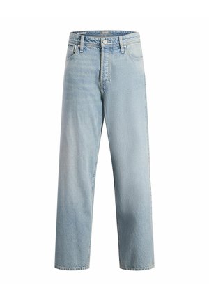 Lyseblå højtaljede lige ben denim jeans med frontknap og lynlås, front- og baglommer samt bælteløkker.