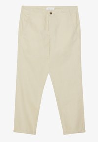 Beige bomullsbukser med rett snitt, frontlommer og en enkelt knappelukking. Ankellengde med en jevn tekstur.