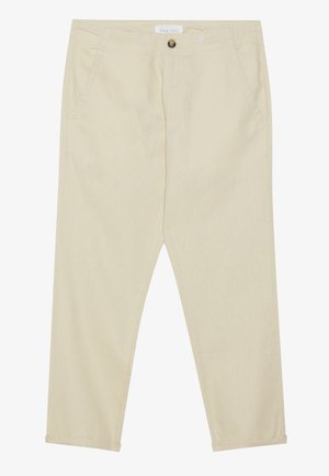Pantaloni din bumbac bej cu croi drept, buzunare frontale și închidere cu un singur buton. Lungime până la gleznă, cu o textură netedă.