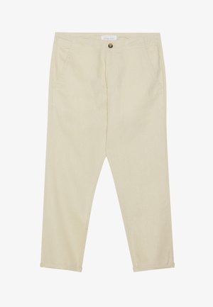 Beez värvi puuvillased püksid sirge lõikega, ees taskud ja ühe nupuga kinnitamine. Ankle-pikkusega, sileda tekstuuriga.