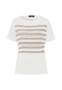 White short-sleeve t-shirt featuring horizontal beige stripes and patterned text elements. Made of soft fabric with a relaxed fit.