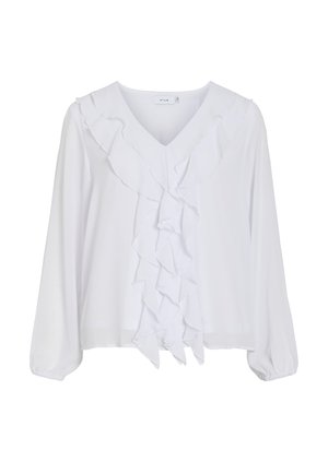 White blouse with long sleeves, v-neck, and front ruffle detail. Made from lightweight fabric, featuring elasticized cuffs and a loose fit.
