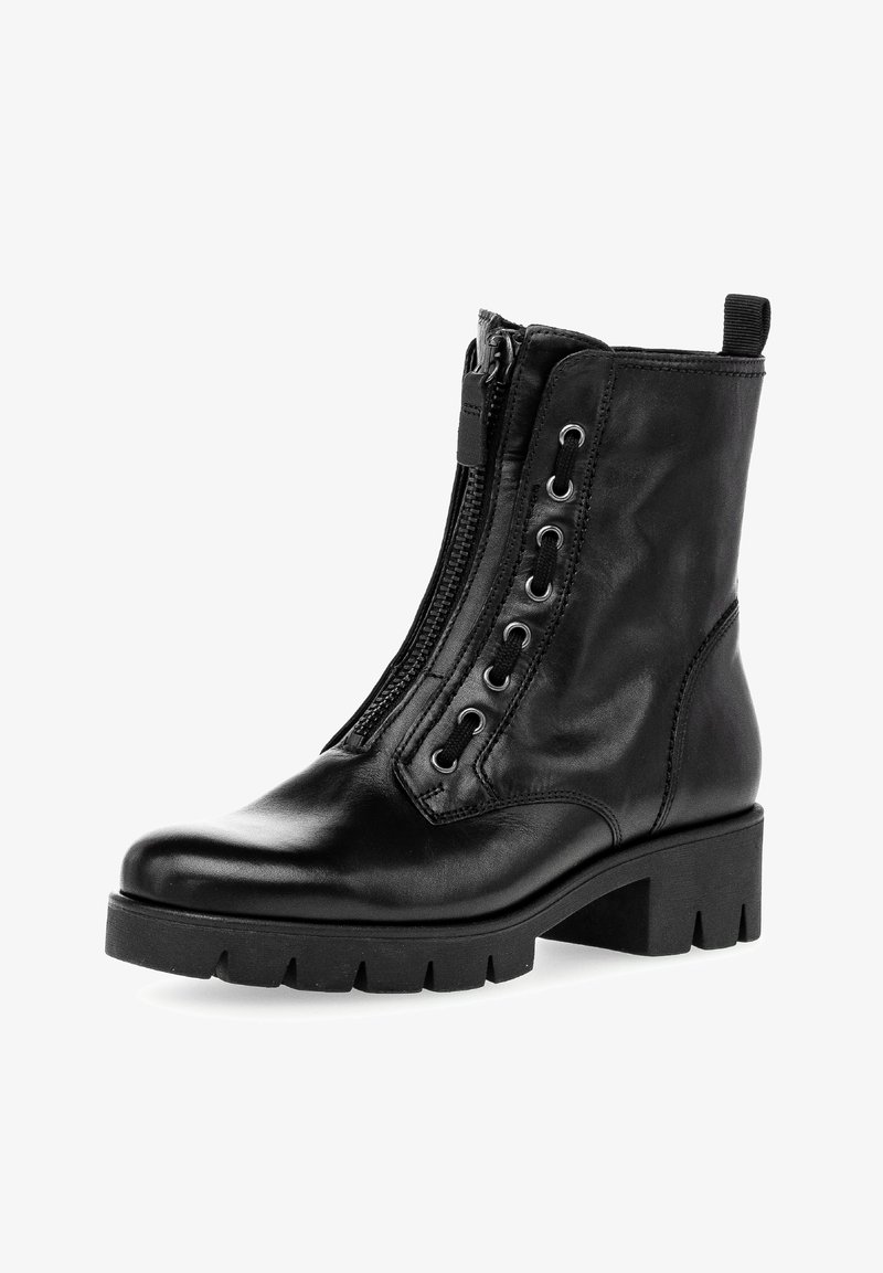Black leather ankle boot with a side zipper, lace-up detail, chunky heel, and textured sole. Features silver eyelets and a pull tab.