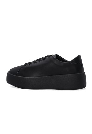 Black leather platform sneaker with thick sole, lace-up front, and smooth, minimal design shown in side profile on white background.