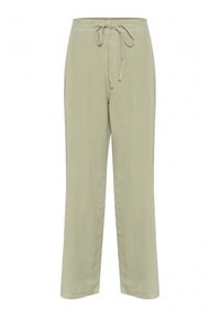 Svetlozelené ľanové nohavice s elastickým pásom na sťahovanie, širokým strihom a bočnými vreckami. Mäkká textúra a jednoduché konštrukčné detaily.