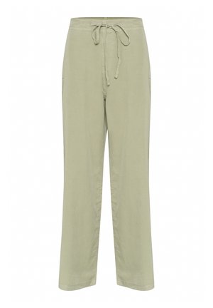 Lichtgroene linnen broek met een trekkoord in de taille, wijd been ontwerp en zijzakken. Zachte textuur en eenvoudige constructiedetails.