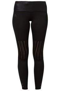 Czarne legginsy sportowe z szerokim paskiem w talii, pionowymi panelami z siateczki i akcentami na kostkach, o dopasowanym kroju.
