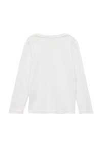 Biała koszulka z długim rękawem wykonana z bawełny, z okrągłym dekoltem i luźnym krojem. Tył ma prosty, bezszwowy design.