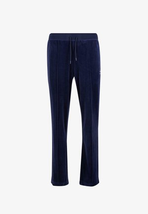 Pantalones de salón en terciopelo azul marino con cintura de cordón, piernas rectas y dos costuras verticales en la parte delantera. Textura suave, diseño casual.