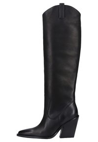 Botas de cuero negras hasta la rodilla con punta afilada, tacón cuadrado y un diseño elegante. Presenta un tirador trasero para facilitar el uso.