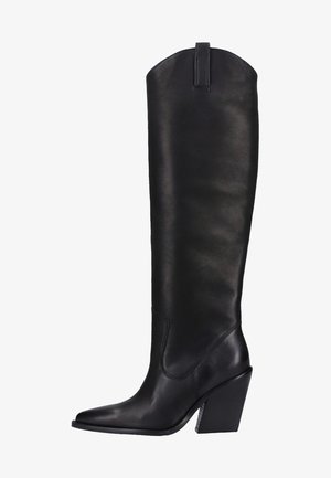 Knee-high black leather boots with a pointed toe, block heel, and a sleek design. Features a rear pull tab for easy wear.