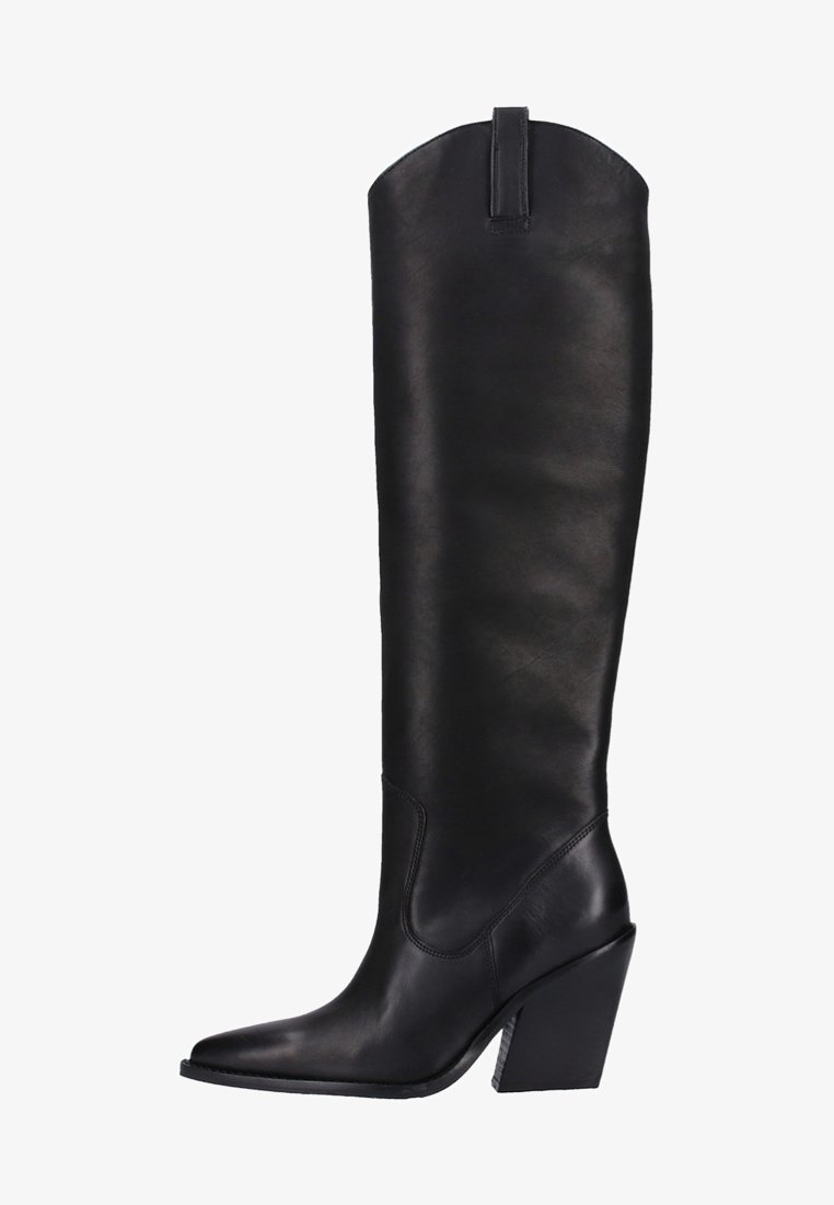 Botas de cuero negras hasta la rodilla con punta afilada, tacón cuadrado y un diseño elegante. Presenta un tirador trasero para facilitar el uso.