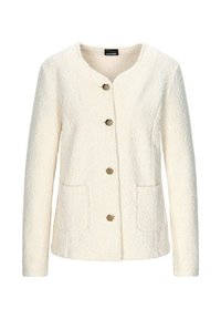 Veste texturée crème avec encolure ronde, quatre boutons dorés à l'avant et deux poches plaquées frontales.