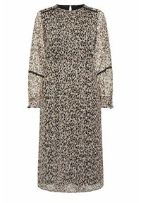 Puuvillapitsi leopardikuosis midi-minekleit, millel on pikad varrukad, sirge lõige ja must äär kaeluses ja varrukaotstes.
