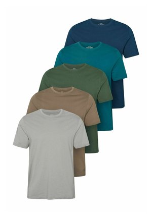 Päť jednoduchých tričiek s krátkym rukávom a okrúhlym výstrihom, vrstvených, farby zozadu dopredu: svetlo šedá, hnedá, olivovo zelená, modrozelená a tmavo modrá.