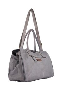 Graue Lederhandtasche mit Doppelhochgriffen, einem Reißverschluss und einer strukturierten Oberfläche. Sie verfügt über ein kleines braunes Lederetikett auf der Vorderseite.