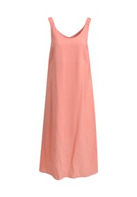 Ärmelloses pinkes Kleid mit V-Ausschnitt, aus leichtem Material, mit lockerer Passform und minimaler Textur.