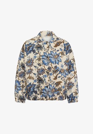 Veste crème à motif floral bleu et marron, boutons-pression sur le devant, poignets et taille élastiqués, et court col.