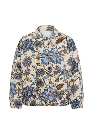 Jachetă crem cu model floral albastru și maro, nasturi cu capse pe față, manșete și talie elastice, și un guler scurt.