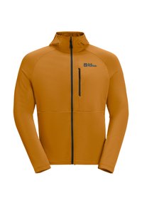 Orange zip-up jacket with a high collar, textured fabric, and a chest pocket. Features black zipper and logo detail on chest.