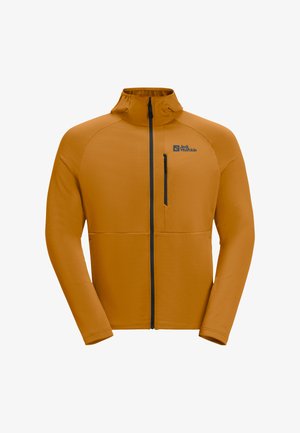 Oranger Reißverschlussjacke mit hohem Kragen, strukturiertem Stoff und einer Brusttasche. Mit schwarzem Reißverschluss und Logodetail auf der Brust.