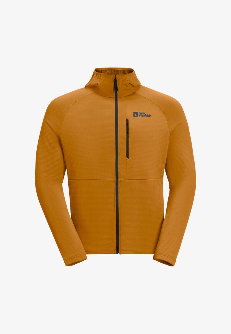 Orange zip-up jacket with a high collar, textured fabric, and a chest pocket. Features black zipper and logo detail on chest.