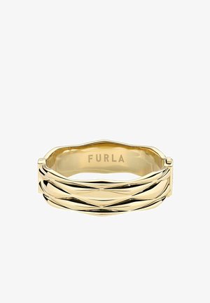 Zelta toņa rokassprādze ar vērptu dizainu. Gluda, pulēta virsma ar iegravētu zīmola nosaukumu "Furla" iekšpusē.