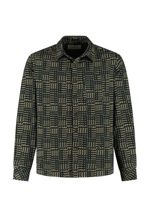 Gevlekt overhemd in donkergroen en beige, met een geweven patroon, een kraag en lange mouwen met manchetdetails.