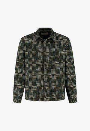 Gevlekt overhemd in donkergroen en beige, met een geweven patroon, een kraag en lange mouwen met manchetdetails.