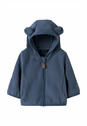 Veste en polaire bleu marine pour tout-petits avec fermeture éclair à l’avant et capuche, ornée de petites oreilles d'ours en tissu.