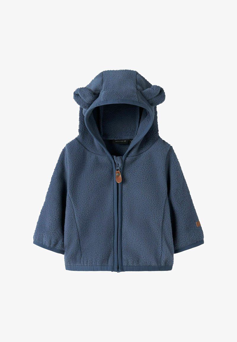 Granatowa polarowa kurtka dla małych dzieci z przednim zamkiem błyskawicznym i kapturem, z małymi uszami misia z tkaniny.