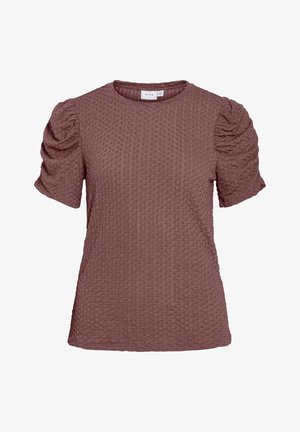 Structuur mauve top met korte mouwen, opgeblazen mouwen en een ronde hals, gemaakt van een stof met patroon.