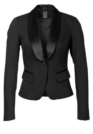 Blazer féminin noir ajusté avec col châle en satin, fermeture à un bouton et poches avant à rabat.
