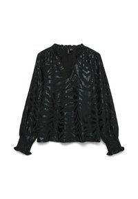 Zwarte blouse met lange mouwen, tijgerstreepprint, gestructureerde stof, gerimpelde halslijn en geplooide manchetten. Voorzien van een losse pasvorm.