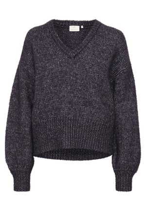 Sveter s výstrihom do V, skrátený, v tmavo purpurovej farbe s textúrovaným pletením. Má elastické manžety a voľný strih, vyrobený z mäkkej zmesi materiálov.