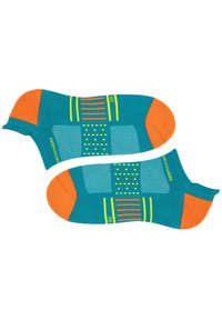 Turquoise ankle socks with orange accents, featuring a striped pattern in yellow and small dot designs around a mesh area for breathability.
