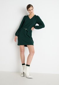 Zelené šaty s dlhými rukávmi, výstrihom do V, opásané v páse. Nosia sa s bielymi vysokými podpätkami a tmavozelenými ponožkami. Hladká textúra látky.