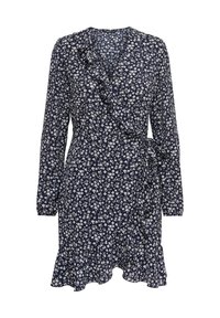 Marineblaues Blumenkleid mit langen Ärmeln, gerüschtem V-Ausschnitt und Taillengürtel; verfügt über einen Rüschenabschluss mit kleinen weißen Blumen.