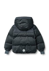Gewatteerde donkergrijze jas met een corduroy-textuur, een capuchon, elastische manchetten en een ronde logo-detail op de achterkant. Gestreepte binnenvoering.